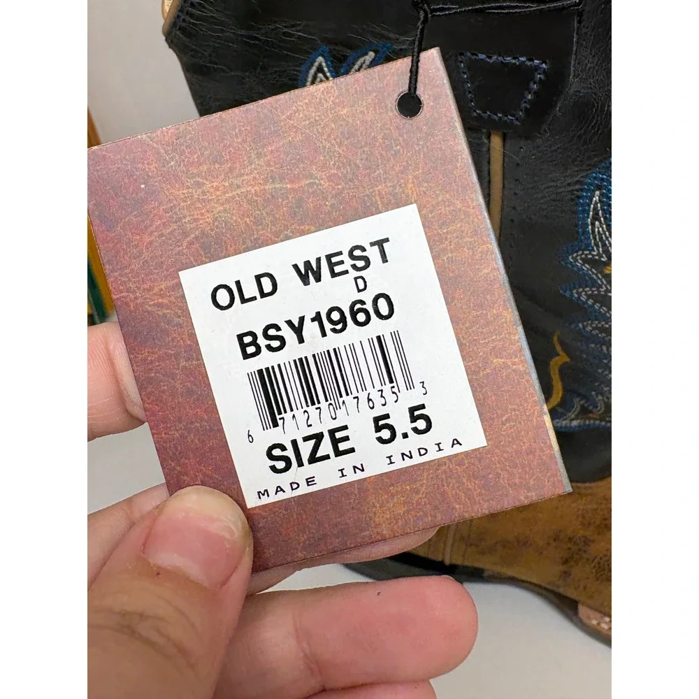 Old West BSY1960 Youth Cowboy Boots Burnt Tan Navy Blue Wide Square Toe 5.5 D